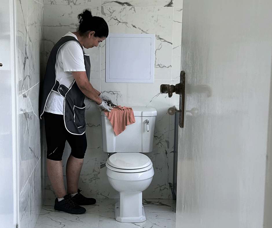 A woman cleaning a toilet